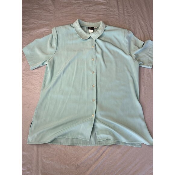 Pyke LTD Womens Teal Blouse 14 short sleeve polyester button up collared vintage - Picture 2 of 8